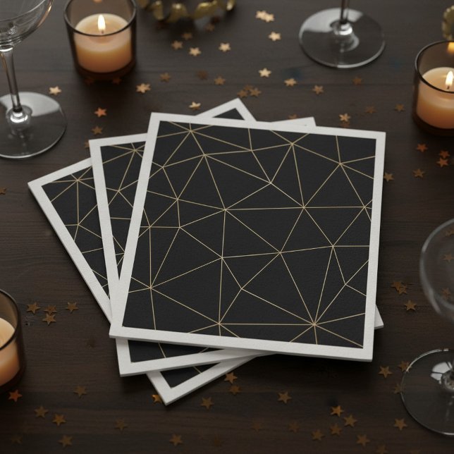 Serviette En Papier Papier géométrique moderne noir et or (Modern black and gold geometric napkin.)
