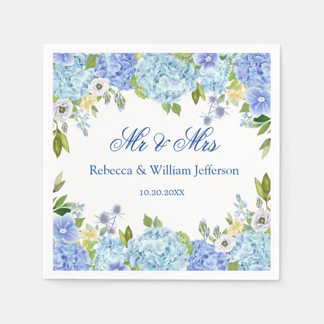 Serviette En Papier Papier Mariage bleu Hydrangea Floral Greenery (Devant)