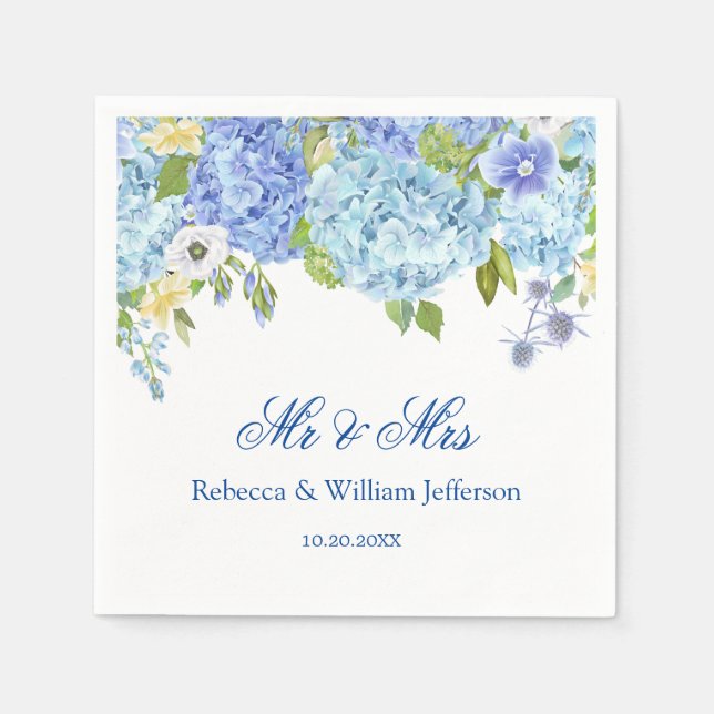 Serviette En Papier Papier Mariage bleu Hydrangea Floral Greenery (Devant)