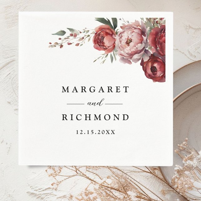 Serviette En Papier Papier Mariage floral Rustique moderne Bourgogne (Créateur téléchargé)
