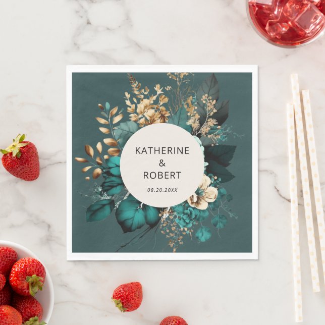 Serviette En Papier Papier Mariage turquoise et or (En situation)