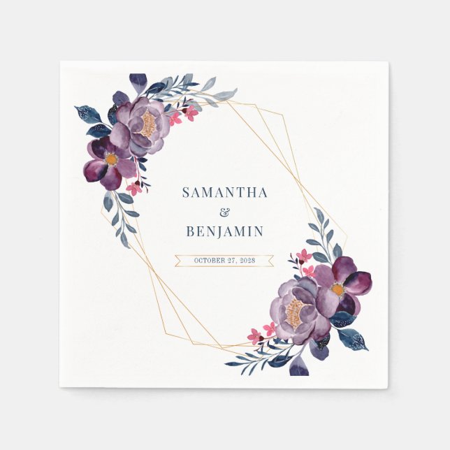Serviette En Papier Papier Mariage végétal géométrique à fleurs violet (Devant)