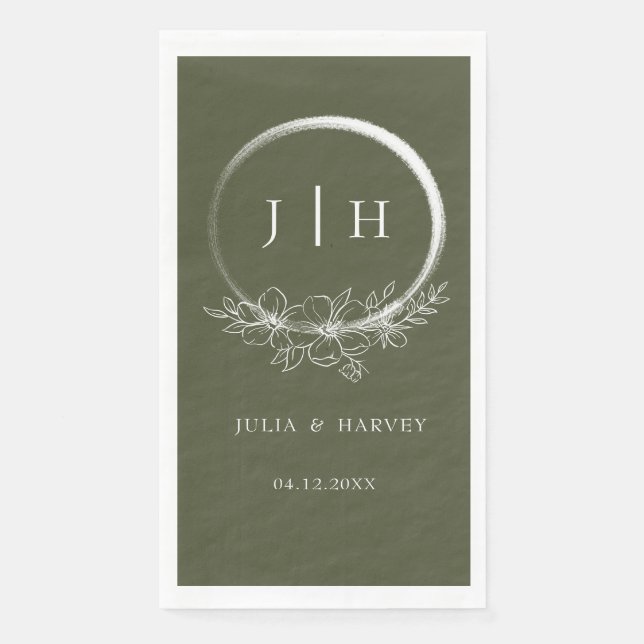 Serviette En Papier Papier Mariage vert à base d'olive bohème minimal  (Devant)