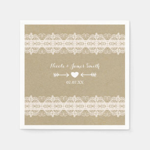 Serviette En Papier Papier Marron & Dentelle Blanche Mariage Rustique 