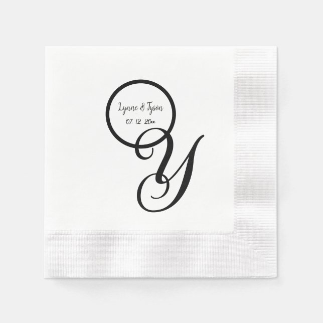 Serviette En Papier Papier Monogramme Blanc Noir Personnalisé (Devant)