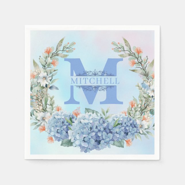 Serviette En Papier Papier monogramme Hydrangea bleu Napkin (Devant)