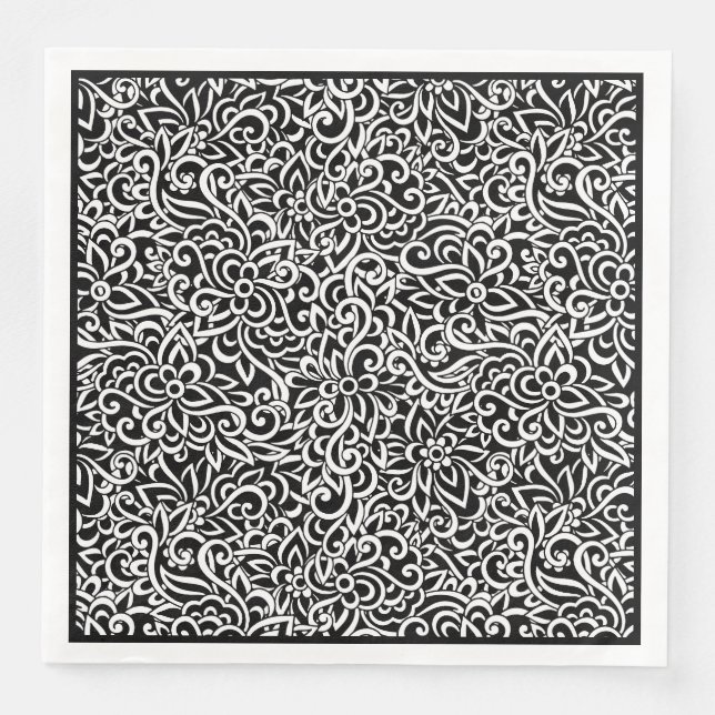 Serviette En Papier Papier Naples-Noir Damas Floral (Devant)