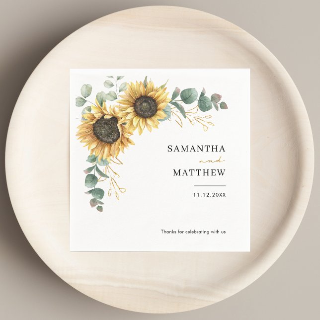Serviette En Papier Papier personnalisé Mariage de tournesol floral (Floral Sunflower Eucalyptus Wedding Custom Paper Napkins)