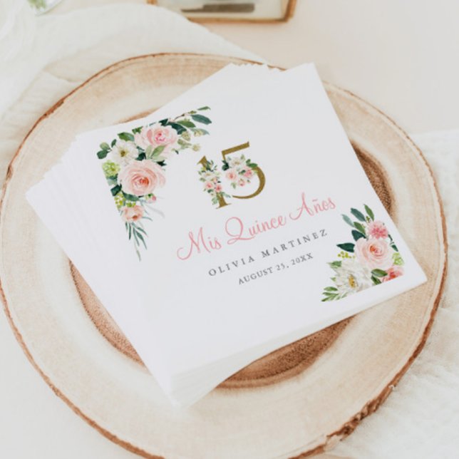 Serviette En Papier Papier Quinceañera rose Floral Mis Quince (Créateur téléchargé)