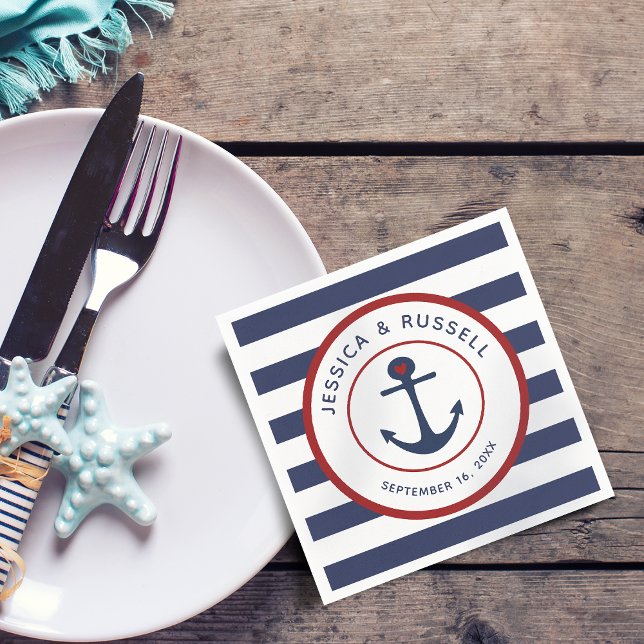 Serviette En Papier Papier rayures bleues marine et crabe rouge (Nautical Navy Blue Stripes Red Crab Paper Napkins)