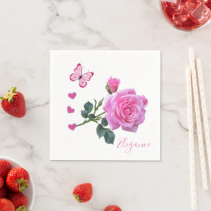 Serviette En Papier Papier, Roses roses et papillons