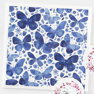 Serviette En Papier Papillon Aquarelle Bleu et Motif blanc
