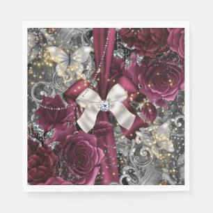 Serviette En Papier Papillon argenté rose Bourgogne shabby vintage