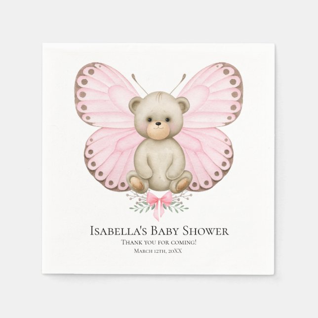 Serviette En Papier Papillon Bébé ours fille | Baby shower serviettes (Devant)