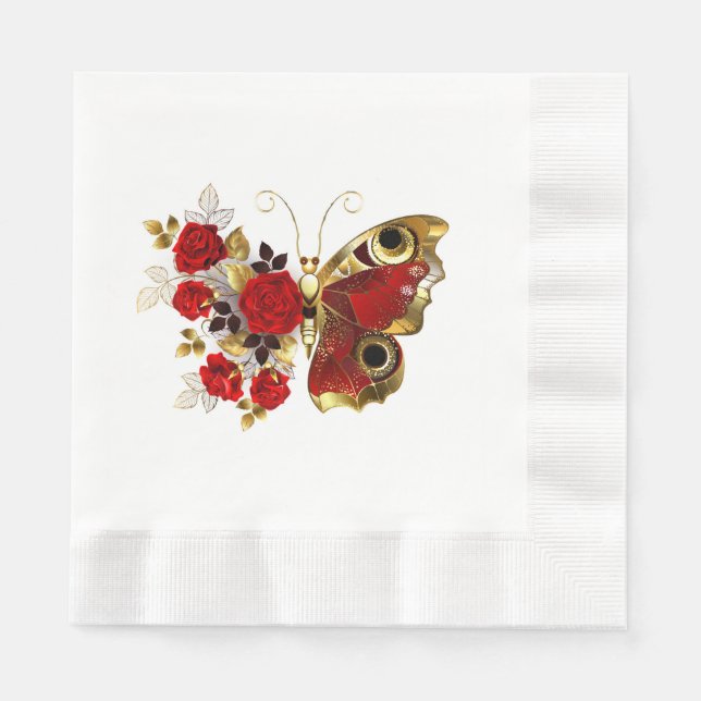 Serviette En Papier Papillon de fleurs rouges aux roses rouges (Devant)