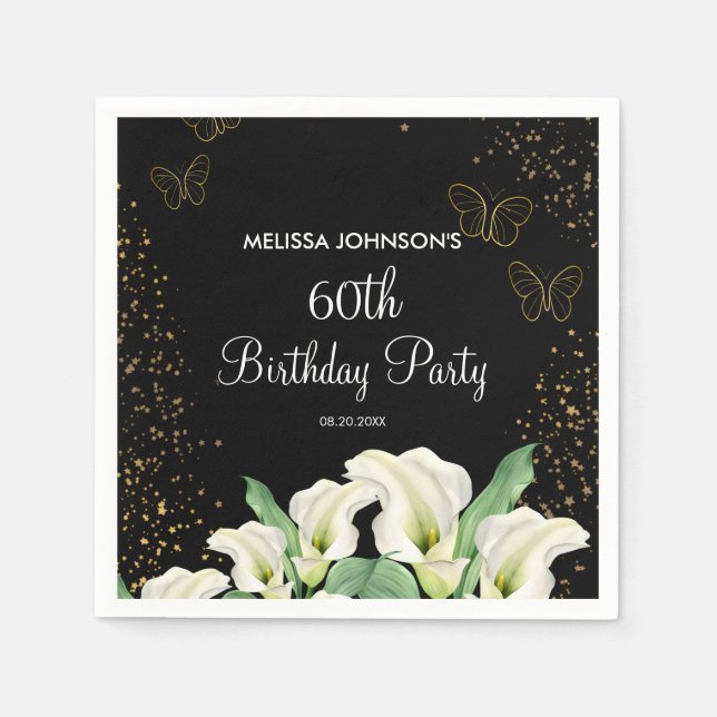 Serviette En Papier Papillon d'or Blanc Calla Lily Noir Anniversaire (Devant)