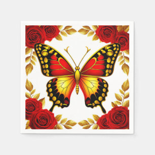 Serviette En Papier Papillon doré avec des roses rouges et des feuille
