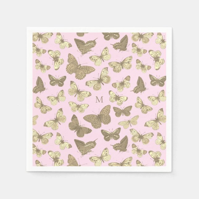 Serviette En Papier Papillon doré rose mignon motif monogramme (Devant)