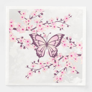 Serviette En Papier Papillon Et Fleur De Cerise Rose Blanc