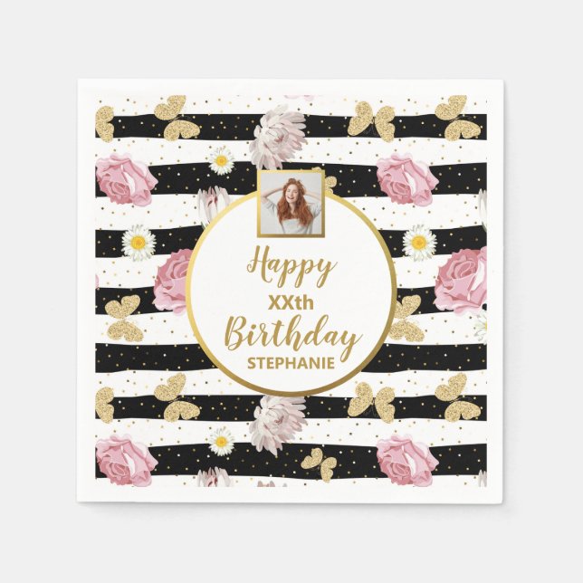 Serviette En Papier Papillon Floral Anniversaire Photo Personnalisée T (Devant)