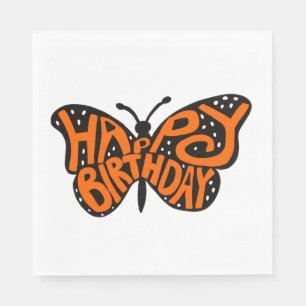 Serviette En Papier Papillon Monarque Noir et Orange Joyeux Anniversai