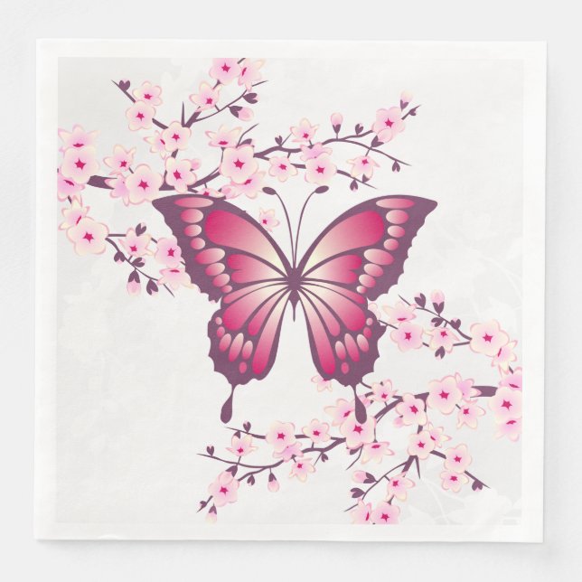 Serviette En Papier Papillon Rose Et Fleur De Cerise (Devant)