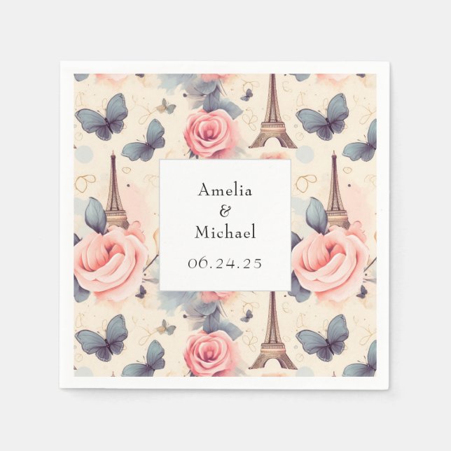Serviette En Papier Papillon Tour Eiffel et Mariage Motif Rose (Devant)