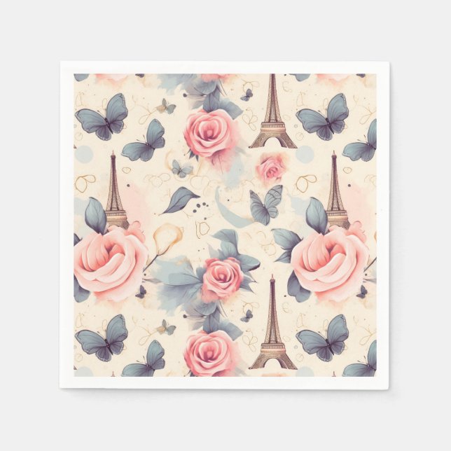 Serviette En Papier Papillon Tour Eiffel et Motif Rose (Devant)