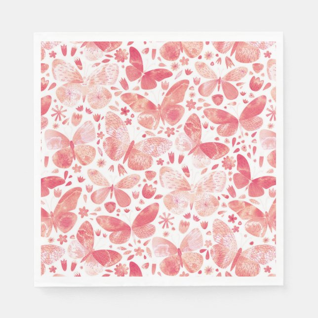 Serviette En Papier Papillons Aquarelle Corail moderne rose (Devant)