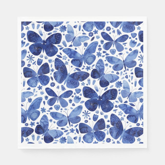 Serviette En Papier Papillons Aquarelle Indigo Blue Napkins (Devant)