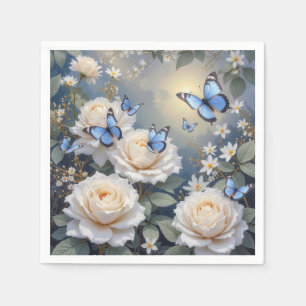 Serviette En Papier Papillons bleus sur des roses blanches et des marg