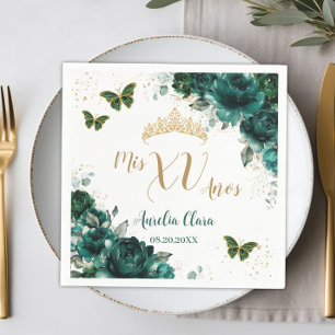 Serviette En Papier Papillons dorés floraux vert émeraude Quinceanera