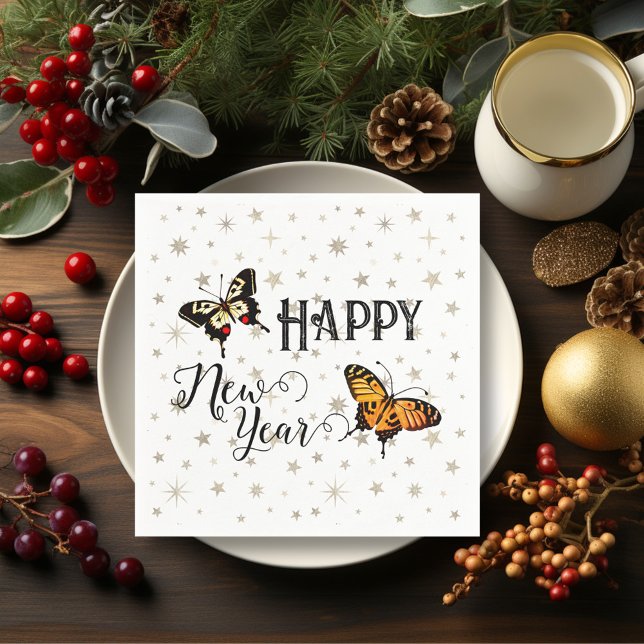 Serviette En Papier Papillons Élégants & Étoiles Blanc Bonne année (Créateur téléchargé)