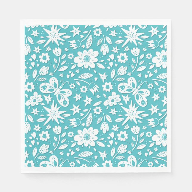 Serviette En Papier Papillons Et Fleurs Sur Aqua (Devant)
