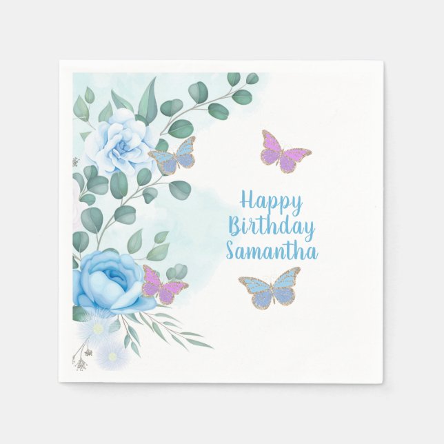 Serviette En Papier Papillons Floral Bleu pourpre Or Anniversaire (Devant)
