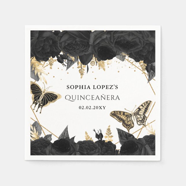 Serviette En Papier Papillons floraux d'or noir Quinceanera (Devant)