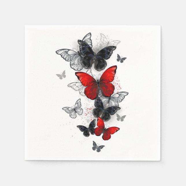 Serviette En Papier Papillons Morpho Noirs et Rouges en Vol (Devant)