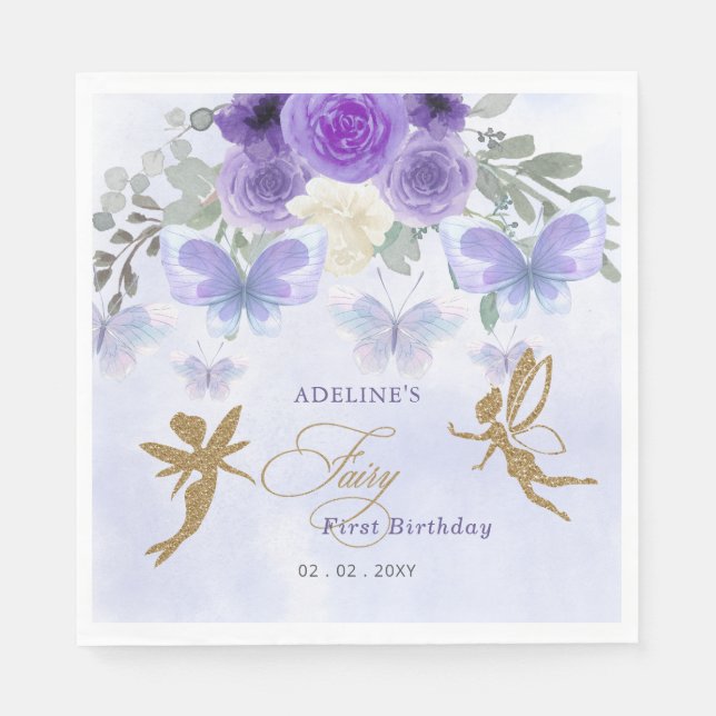 Serviette En Papier Papillons Purple Gold Fairy Premier anniversaire (Devant)