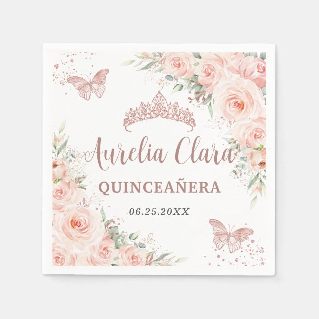 Serviette En Papier Papillons Roses d'or de Quinceanera Blush (Devant)