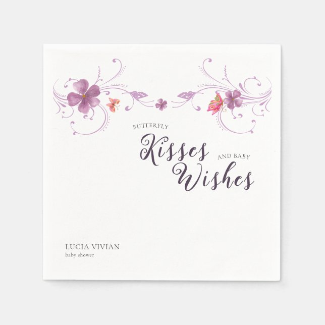 Serviette En Papier Papillons Violet Floral Baisers & Voeux Bébé (Devant)
