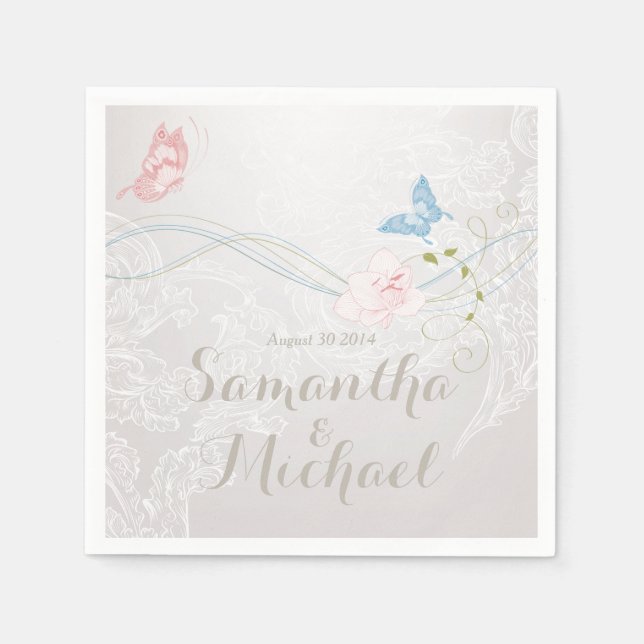 Serviette En Papier Papillons Whimsical et Mariage de dentelle (Devant)