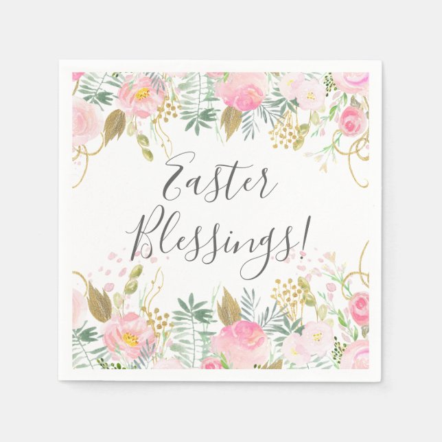 Serviette En Papier Pâques florales rose et or (Devant)