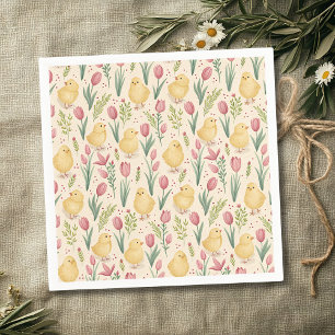 Serviette En Papier Pâques vintage poussins jaunes mignons tulipes rou