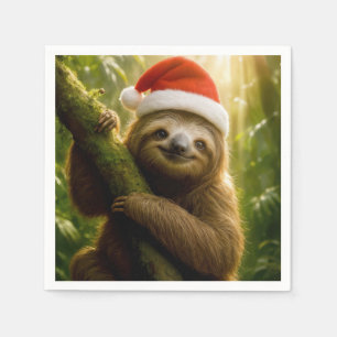 Serviette En Papier Paresseux de Noël portant un chapeau de Père Noël