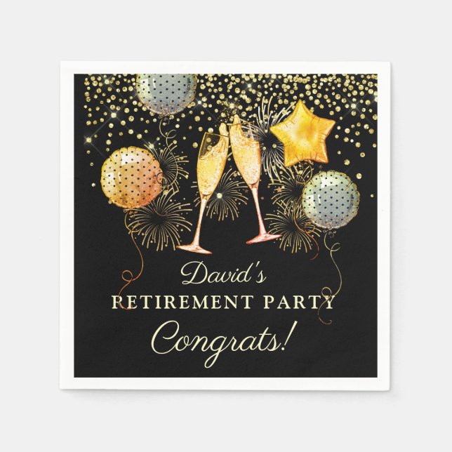 Serviette En Papier Parti de retraite Champagne Noir de Confetti (Devant)
