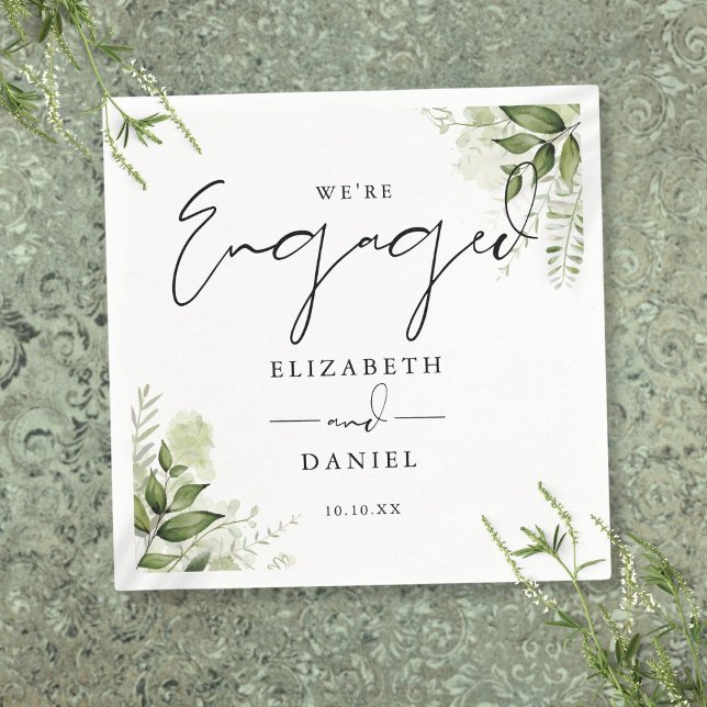 Serviette En Papier Parti d'engagement floral vert moderne (Modern Greenery Floral Engagement Party Napkins)