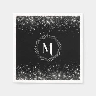 Serviette En Papier Parties scintillant Argent Et Noir Élégant Monogra