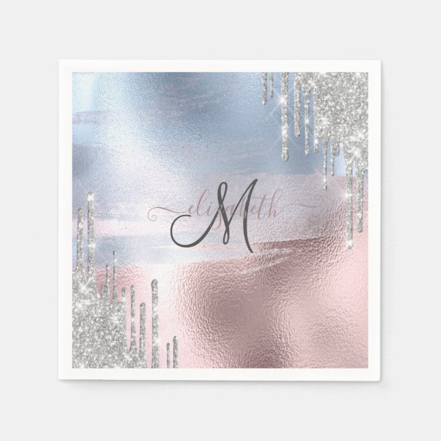 Serviette En Papier Parties scintillant argent gouttes Rose bleu métal (Devant)