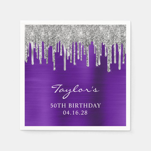 Serviette En Papier Parties scintillant argent gouttes violet violet 5 (Devant)
