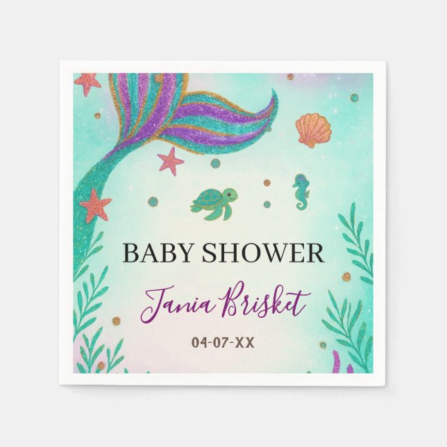 Serviette En Papier Parties scintillant Baby shower sirène Turquoise (Devant)